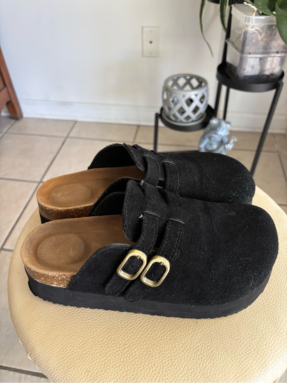 Women Black Suede Slip-On Clog with Dual Gold Buckles